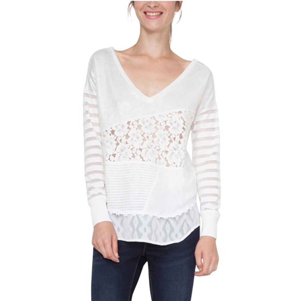 Desigual White Lace Panel V-Neck Blouse